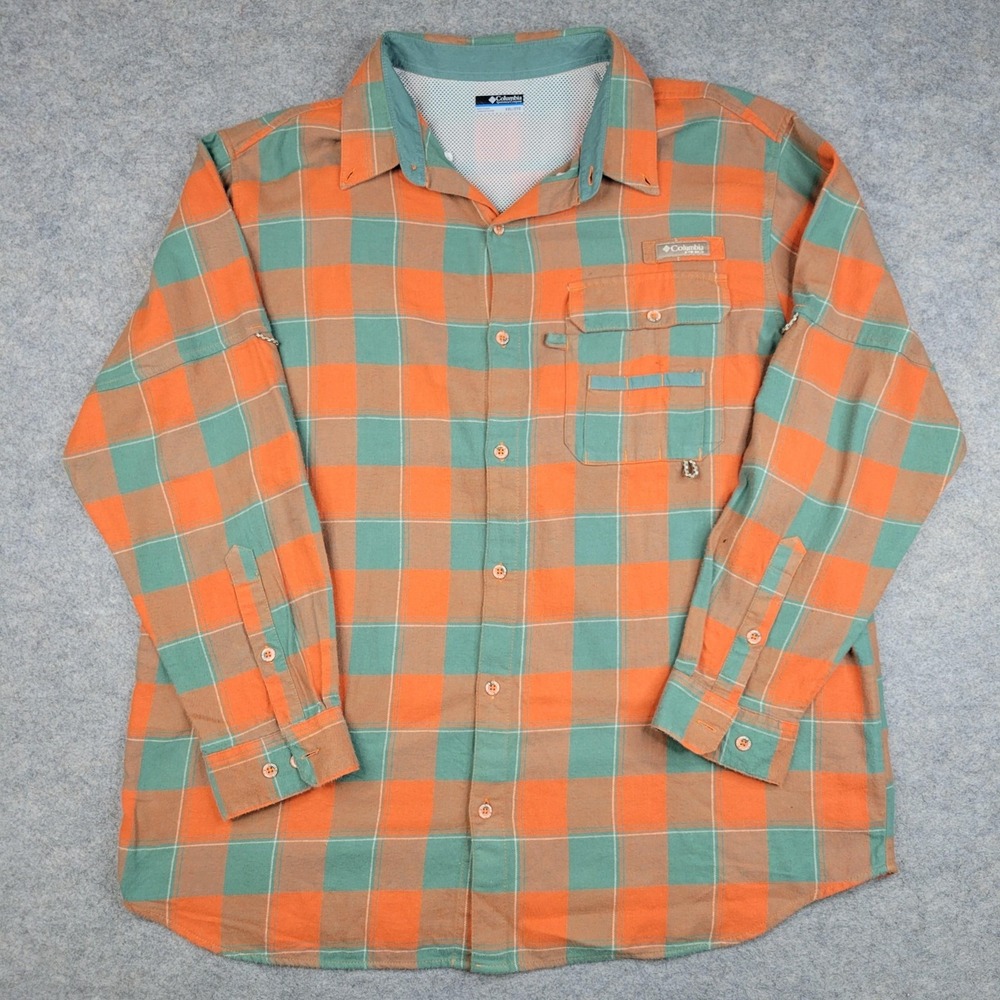 Columbia PHG Shirt Mens 2XL Orange Green Plaid Button Front Long Sleeve Hunting